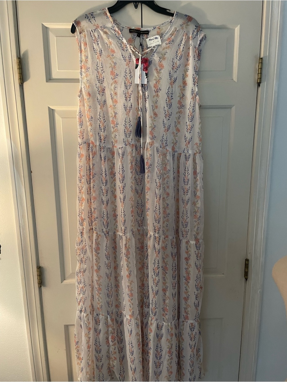 Light Floral Maxi Dress - White with Blue & Peach Print- Sheer